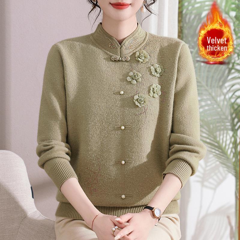 

Mom s Red Winter Sweater - Velvet-Thickened Base Layer for Weddings, Mother-in-Law Approved, Zodiac Year Style for Middle-Aged & Elderly Women XL [up to 55 kg] зелёный