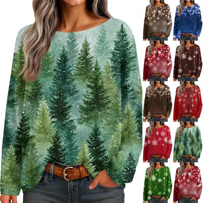 Damen Herbstpullover Langarm Druck Tops Pullover Locker Schick Lässig Basic Kleidung