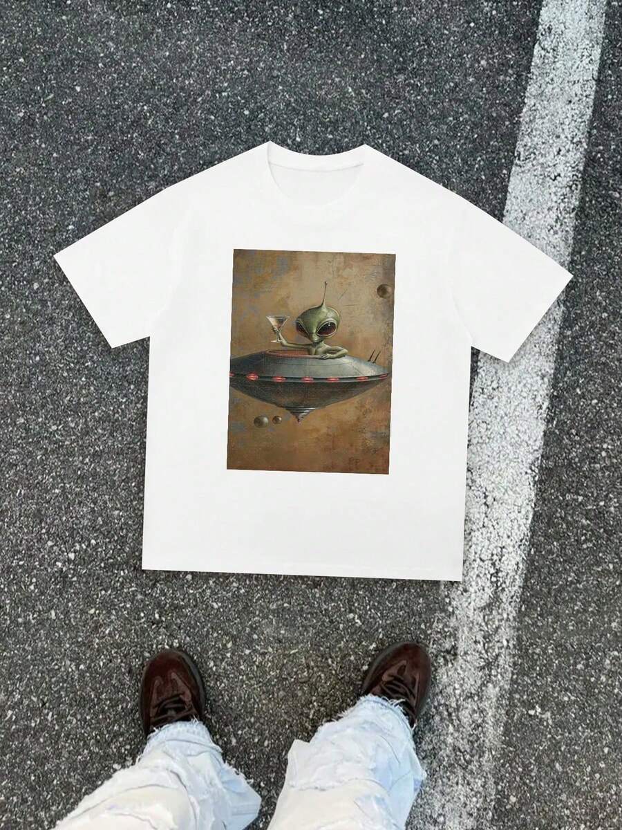 

Creative And Quirky Style T-Shirt, UFO Alien Print, Popular Short Sleeved Unisex T-Shirt XXL