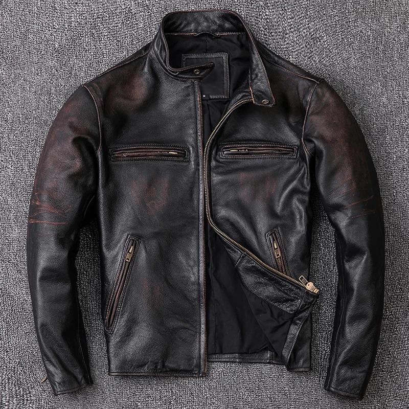 Chinese Size Men Leather Jacket Vintage Black 100% Natural Genuine Cowhide Coats Men's Leather Coat Male Clothes Autumn