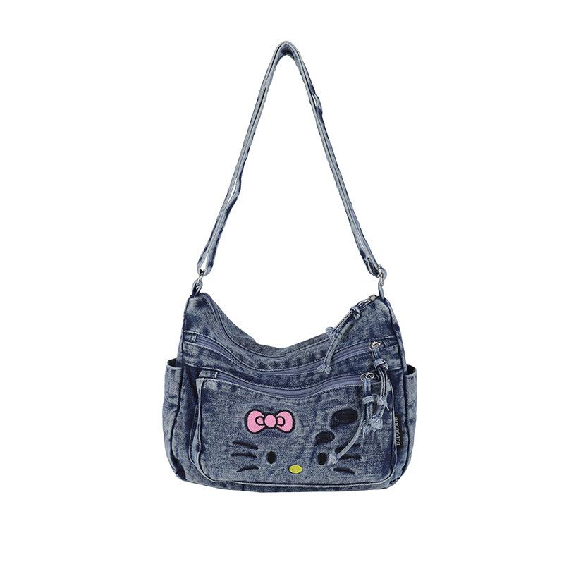 Kawaii KT Cat Denim Shoulder Bag for Girls, Cute Casual Single Strap Crossbody Purse, Trendy Multi Pocket Messenger Bag