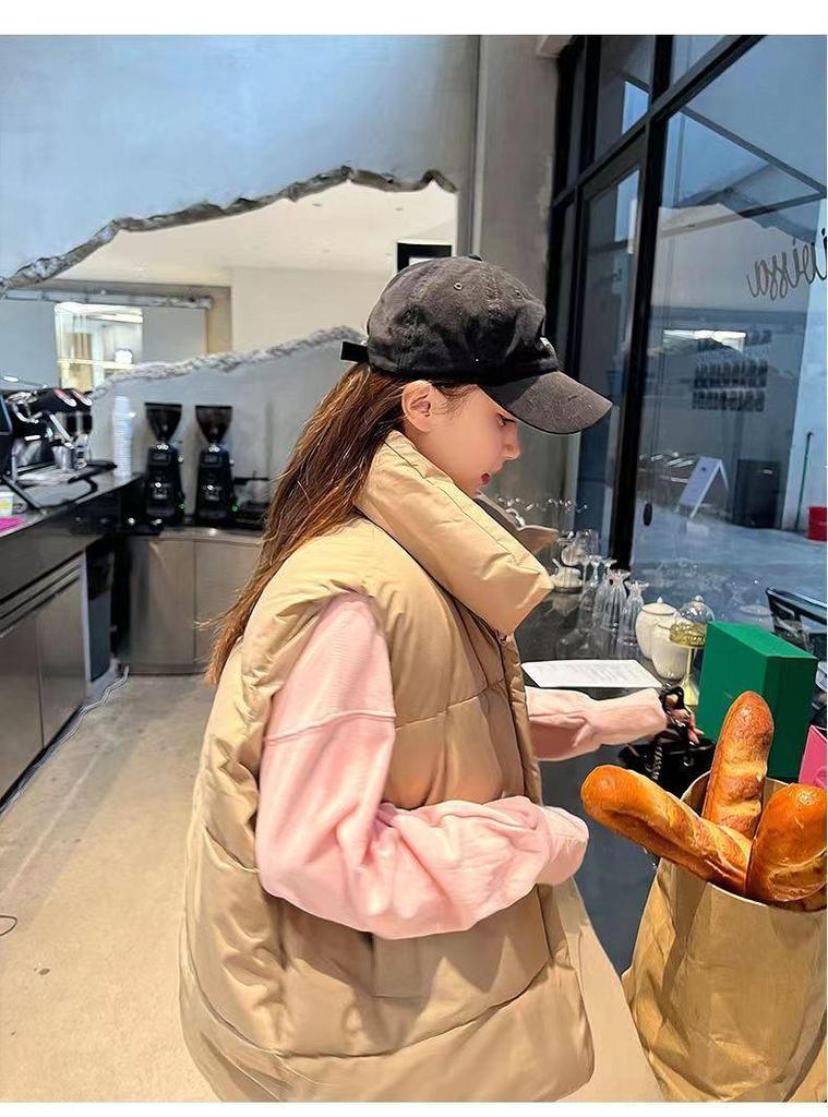 Women's Spring/Fall 2025 Korean Loose Fit Cotton Vest with Stand-Up Collar and Shoulder Pads
