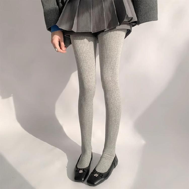 Women Solid Color Thicken Cotton Pantyhose Ribbed Knit Striped Sweater Tights