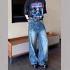 JYL Men's Straight Jeans American Niche Deconstructed Patch High-Street Loose Denim Pants