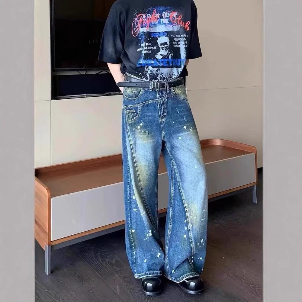 JYL Men's Straight Jeans American Niche Deconstructed Patch High-Street Loose Denim Pants