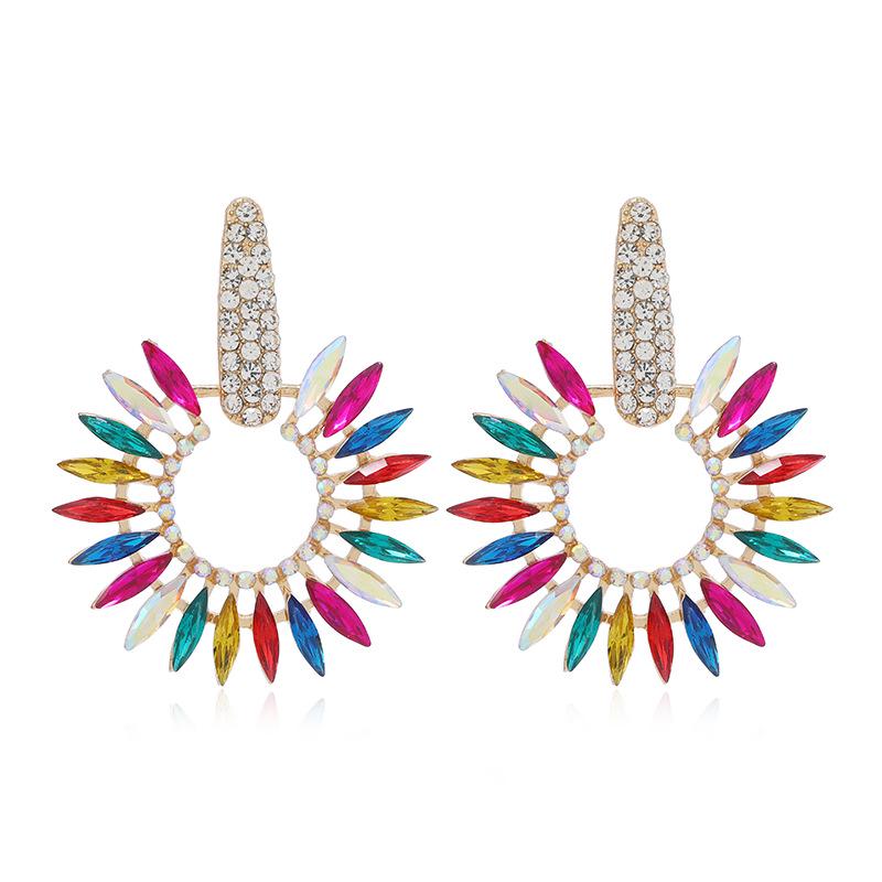 Trendy European Ethnic Style Crystal Flower Earrings: Multi-layer Alloy with Colored Rhinestones for Women (Spring/Summer)