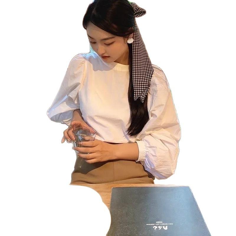 French loose white puff sleeve round-neck shirt, women's early autumn new design shirt, unique niche top