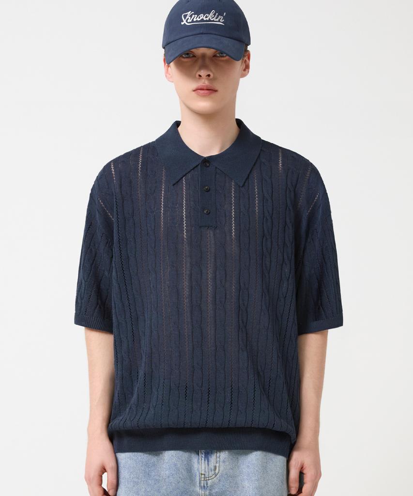 TRILLION Washable Resort Cable Collar Short Sleeve Knit_Ivory