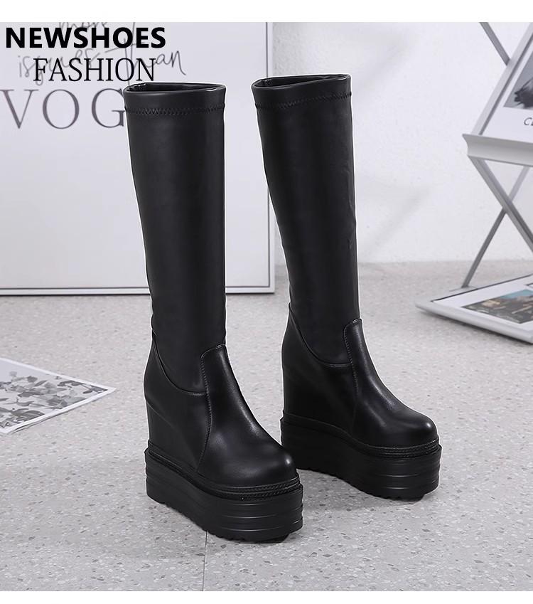 Modă Iarnă Crește Toc Cizme de Gleznă pentru Femei Talpă Groasă Pene Toc Înalt 13cm Pantofi cu Platformă Cizme Înalte Negre Femei