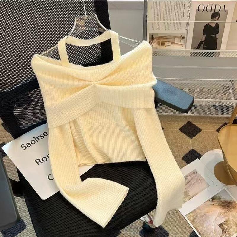 

Temperament one-word shoulder top knitted sweater women s autumn and winter new off-the-shoulder slim-fitting and thin short neck sweater trendy XS