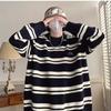 Oversized Crew Neck Striped Knit Sweater Men Women Casual Winter Pullover Slim Fit Cotton Blend