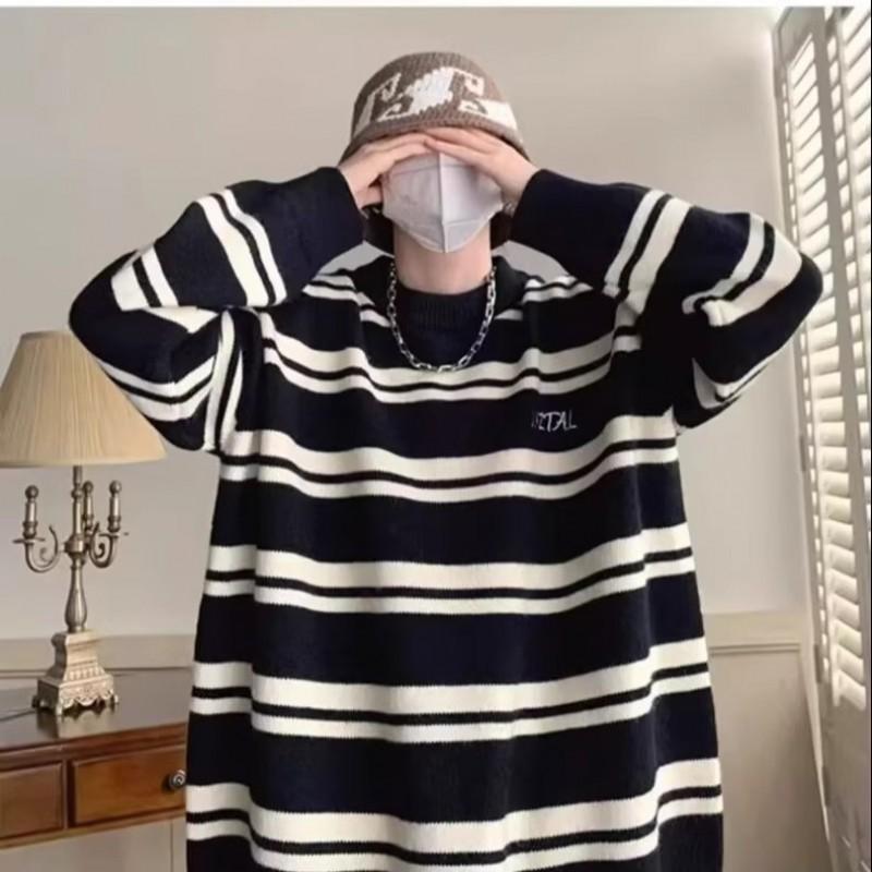 Oversized Crew Neck Striped Knit Sweater Men Women Casual Winter Pullover Slim Fit Cotton Blend