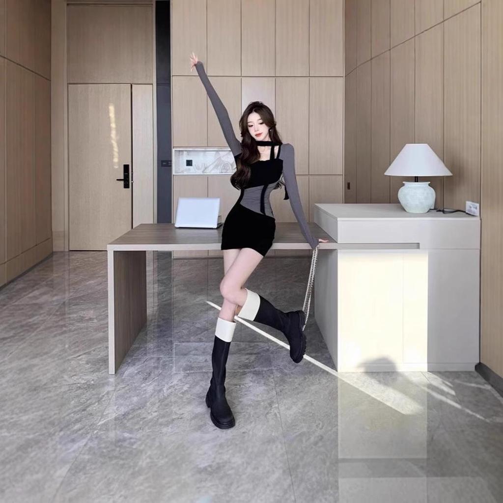 2024 Autumn/Winter Slim Fit Patchwork Dress: Sexy, Color Block, Hip-Hugging Skirt