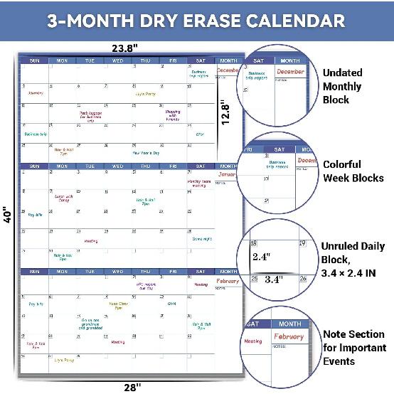 Large Dry Erase Calendar for Wall - Undated Wall Calendar Dry Erase, 28" x 40" (Vertical), Erasable & Reble Wall Calendar 3 Month with Round Stickers