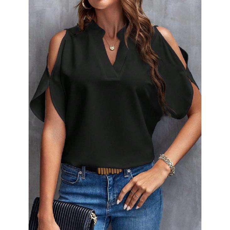 2026 Summer New V-neck Elegant Short-sleeve Fashionable Off-shoulder Women's Solid Color Top