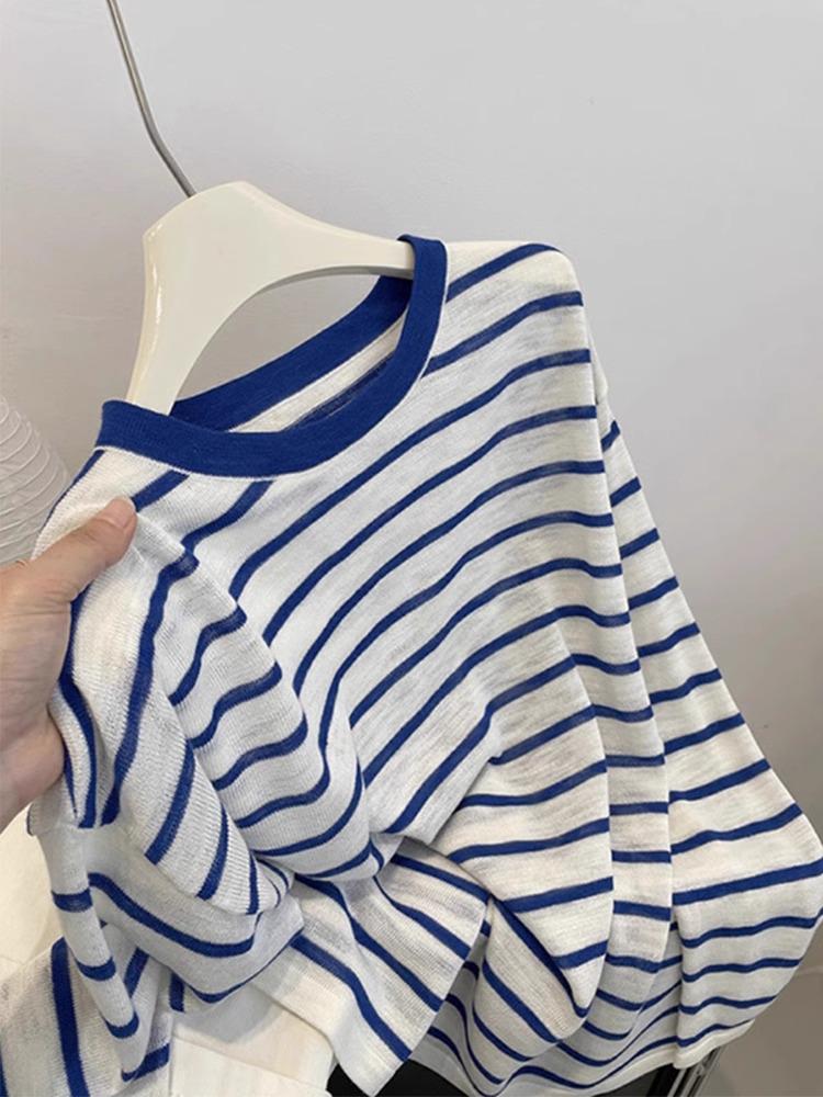 

Женский тонкий летний свитер с длинным рукавом в синюю полоску для защиты от солнца - маленький размер S (recommended for up to 50 kg) синий