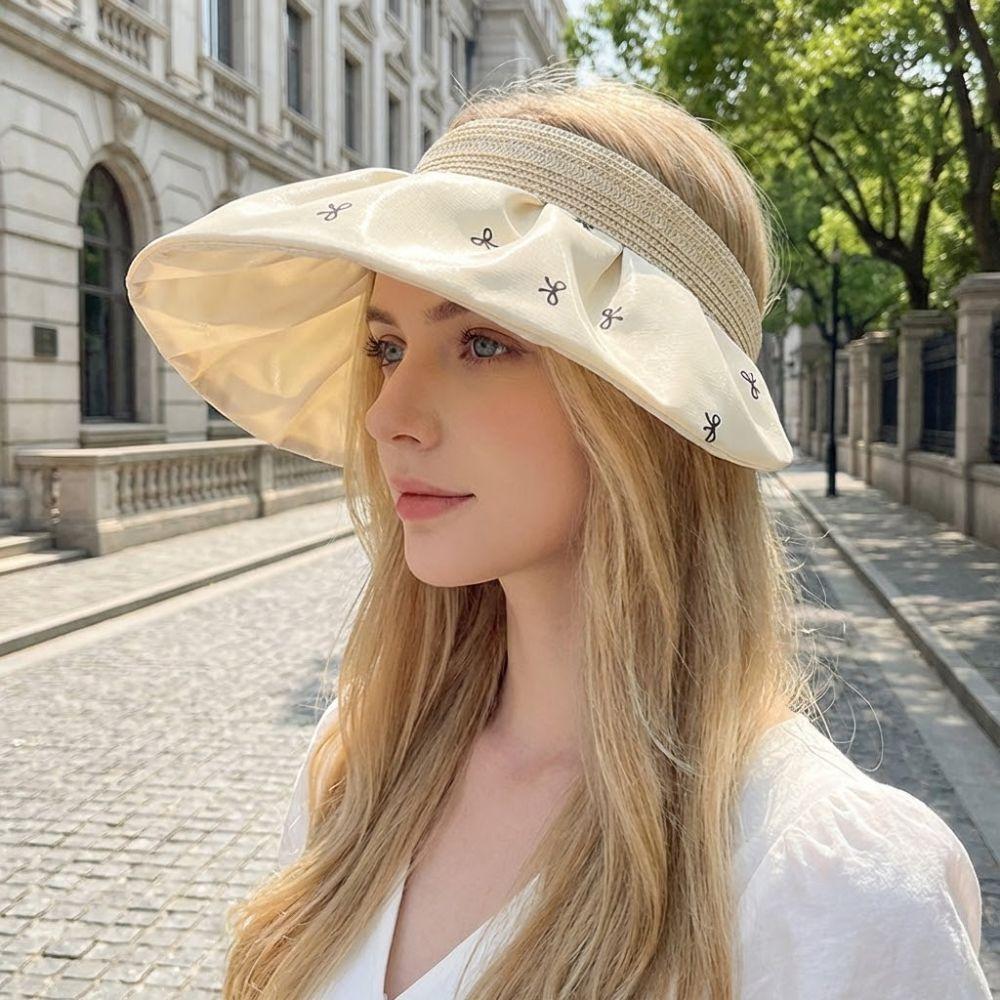 Trendy Wide Brim Women's Bow Sun Hat Empty Top Foldable Sun Visor Hat Quick-drying UV Protection Bucket Hat Summer Outdoor