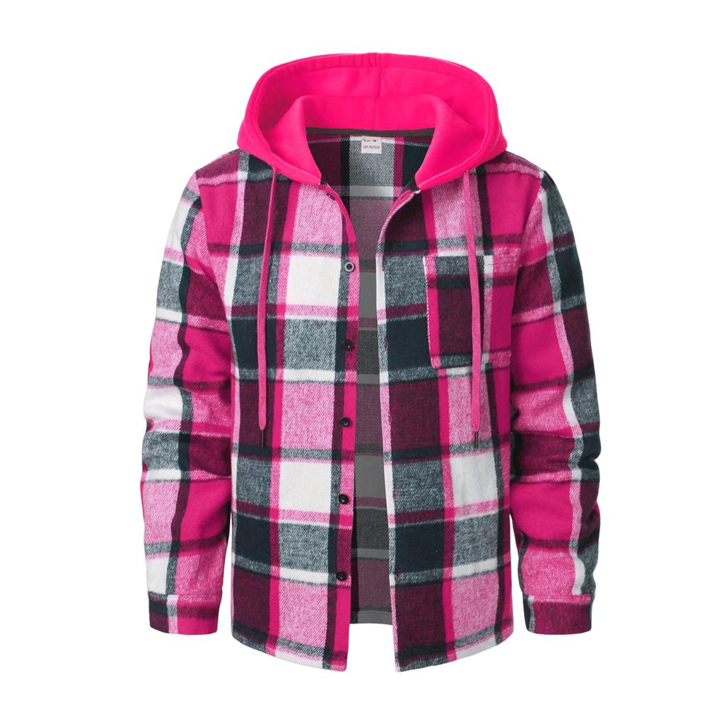 Men's Hooded Plaid Shirt Casual Loose Fit Jacket for Fall and Winter