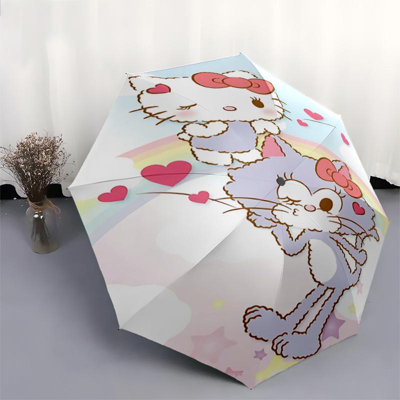 1pc Hello Kitty & Catty Chan Automatic Folding Umbrella - Portable 3-Fold Design with Iron Frame - Outdoor - Ideal Gift for Fans, Travelers, Daily Use