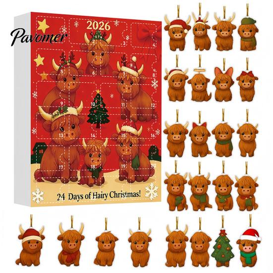 Decorative Acrylic Charms Highland Cow Christmas Advent Calendar with 24 Ornaments, Festive Countdown Unique Decorations Box for Holiday Tree Hanging