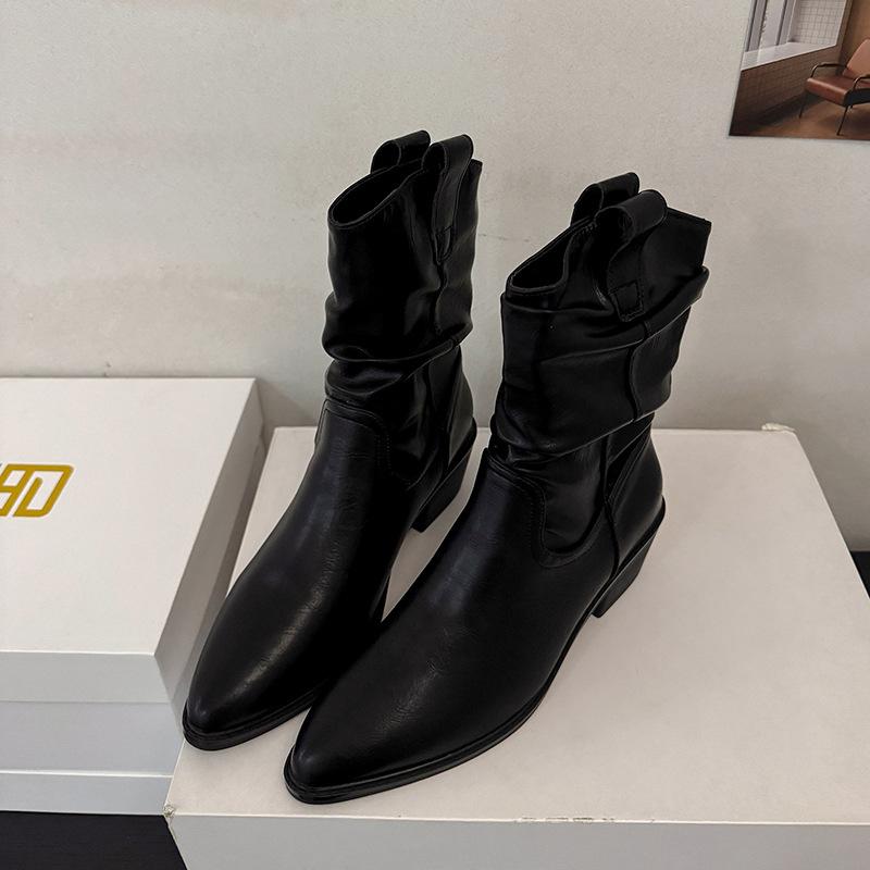 2026 Autumn New Knight Boots Retro Mid Barrel Stacked Boots Western Thin Boots Women's Coarse Heel Short Boots