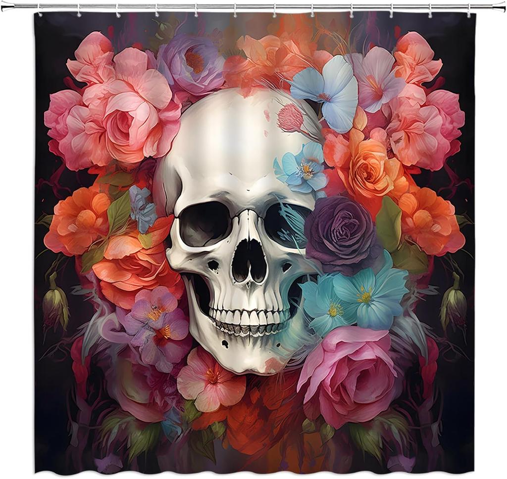 Sugar Skull Shower Curtain Gothic Halloween Watercolor Vintage Floral Spooky Skeleton Skull Horror Fabric Bathroom Decor Set