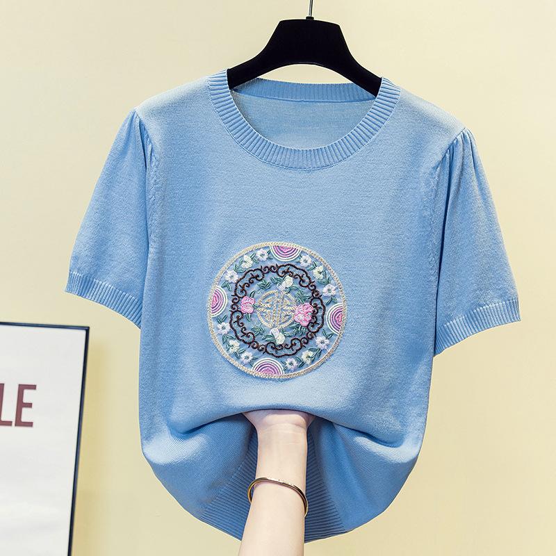 

Женский свитер из ледяного шелка в китайском стиле, новая летняя женская тонкая футболка с короткими рукавами, топ с круглым вырезом в китайском стиле 4XL синий