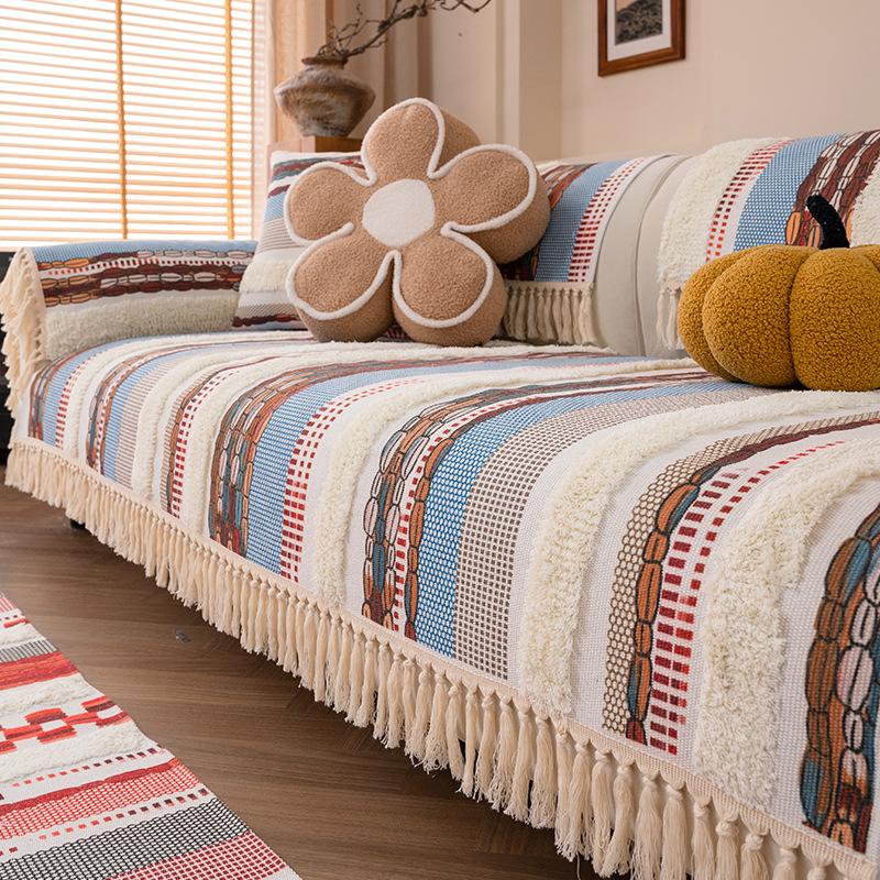 Anti-Cat Scratch Cotton And Linen Sofa Cover All-Inclusive Universal Cover All Seasons Universal Simple Geometric Fringed Sofa Cover Cover