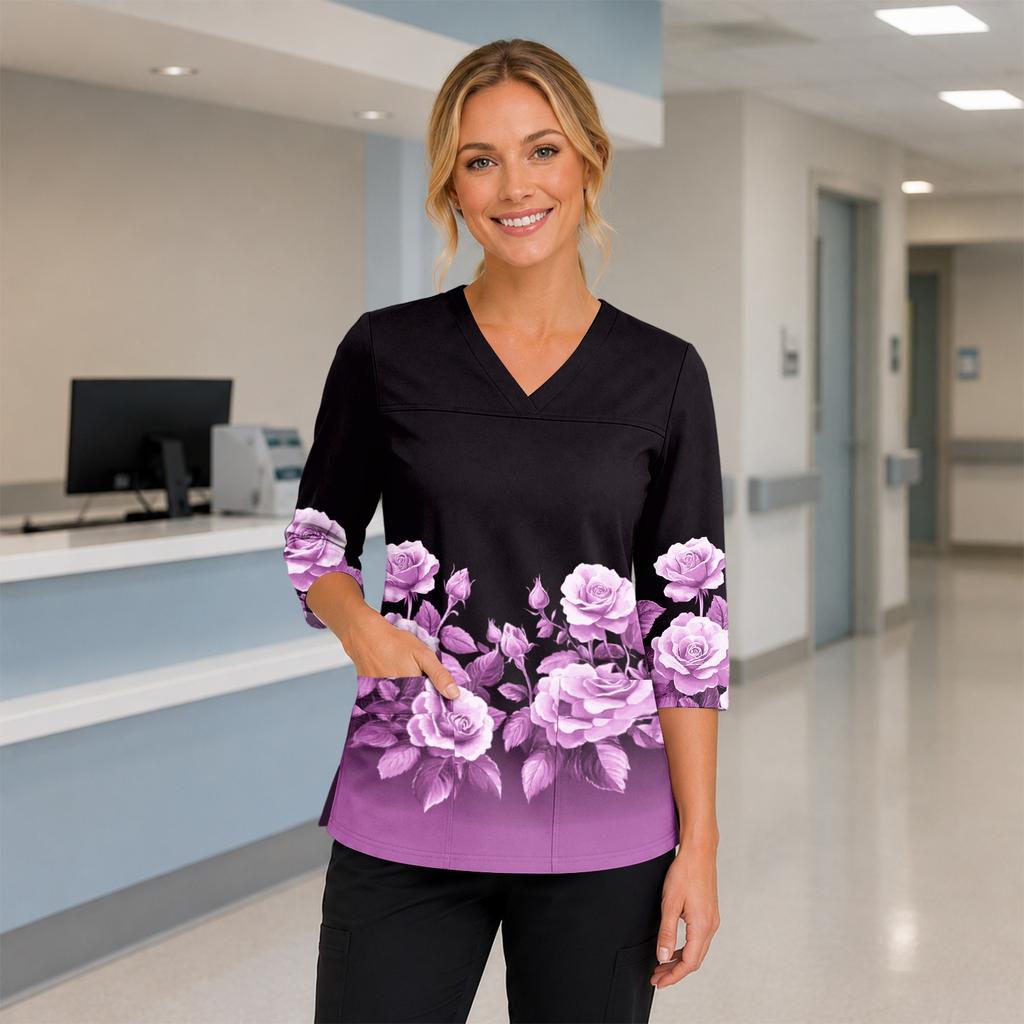 Women's Floral Print V-Neck Scrub Top with Pockets Side Slit Three-Quarter Sleeves