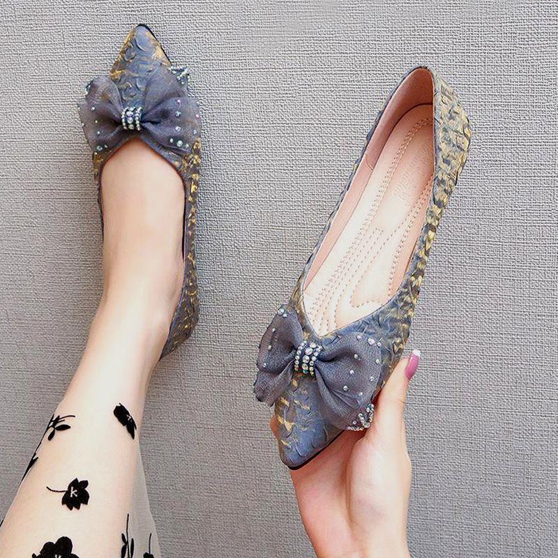 Fashion Rhinestone With Bow Pointed Toe Shoes for Women Spring and Autumn Slip-on Woman Flats Cheap Promotion Trend Elegant Dress Shoe