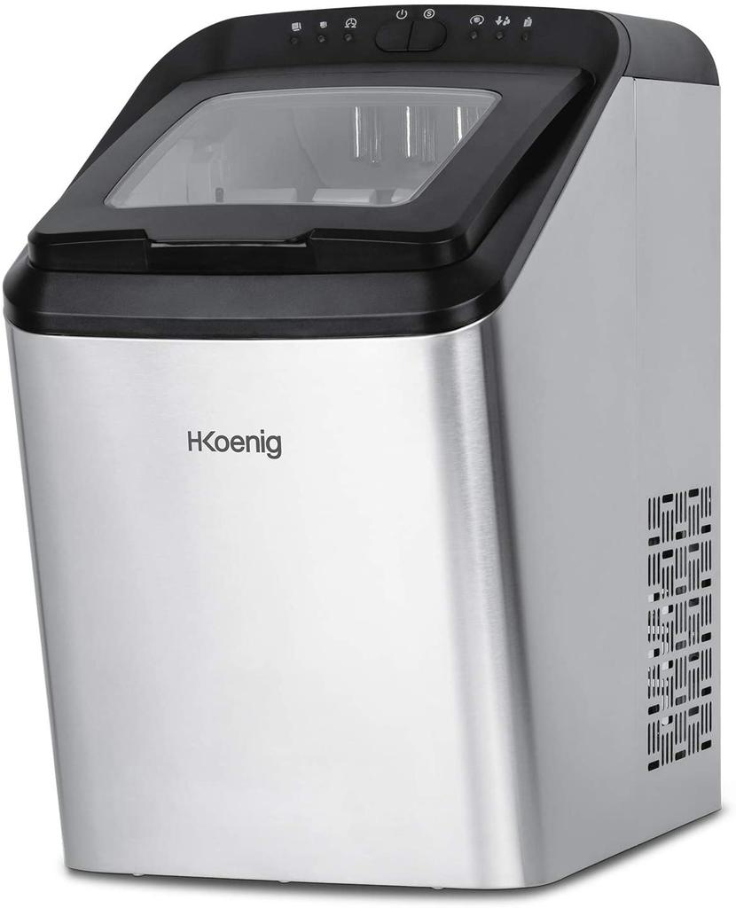 H.Koenig KBP40 Maquina de Hacer Hielo, 145 W, 2 Tamanos Cubitos, Bandeja de agua 2,8 L, Indicador Nivel de Agua, Ac Inoxidable. Ciclo Produccion 9 Min