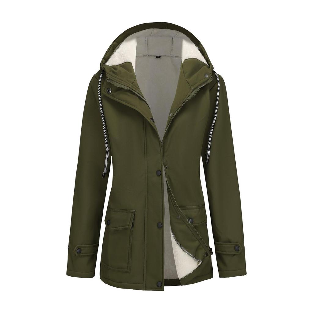 Women’s Trenches Hooded Windbreakers Long Sleeves Fleece Coats Water-resistant Zipper Jackets Autumn Winter Outer Wear
