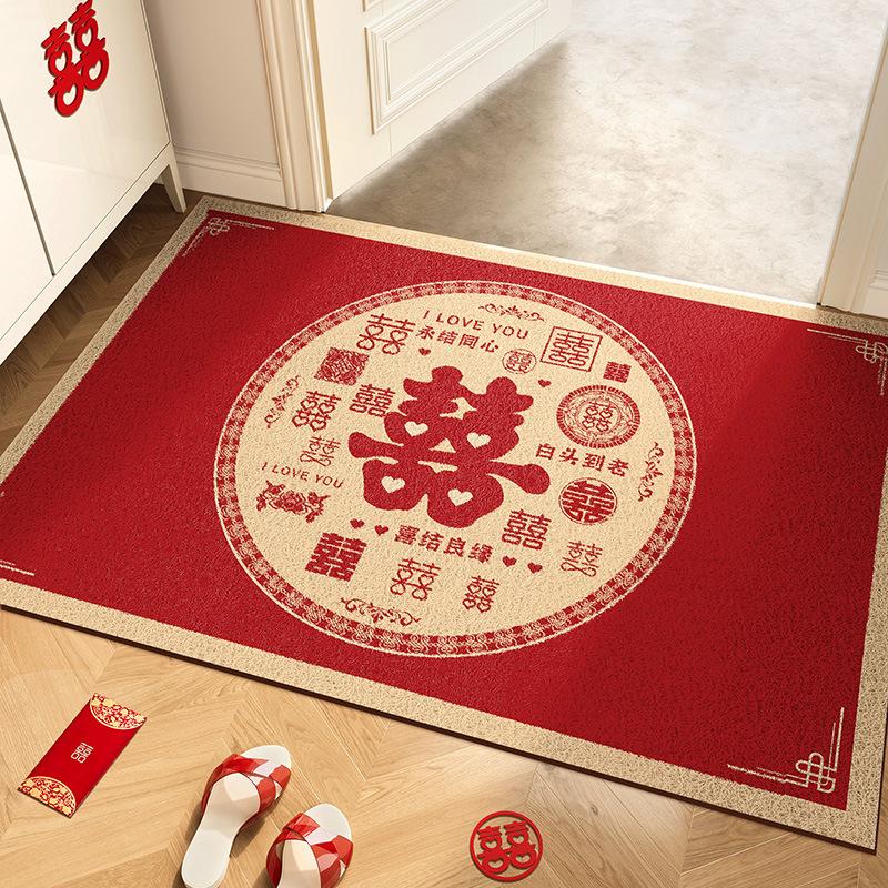 Wedding Entrance Door Floor Mat Red Festive Wedding Room Arrangement Doormat Entrance Door Silk Ring Foot Pad Non-Slip Can Be Cut