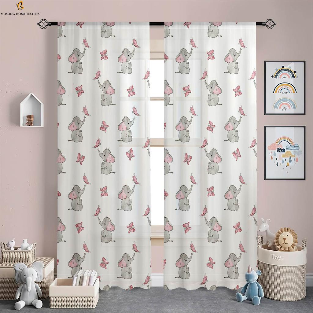 Window Curtains Cute Cartoon Elephant Print Curtains Machine Washable Bedroom Living Room Study Children'S Room Curtains 2 Pcs