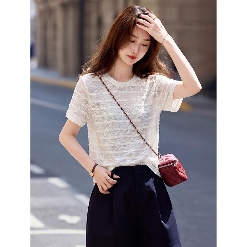 French Chic Textured Knit Short Sleeve T-shirt M