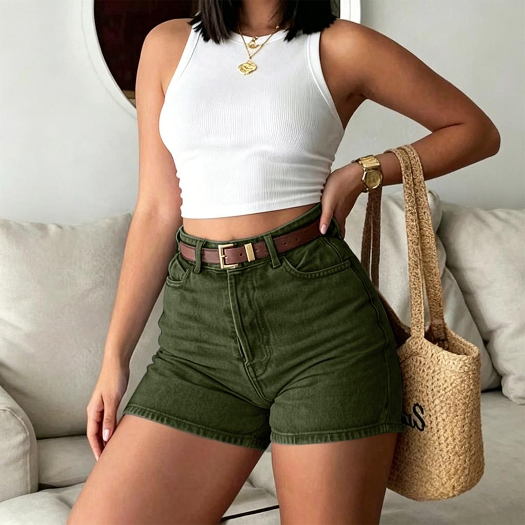 Women High Waist Vintage Denim Shorts Slim Fit Casual Hot Pants with Belt for Summer Everyday Wear