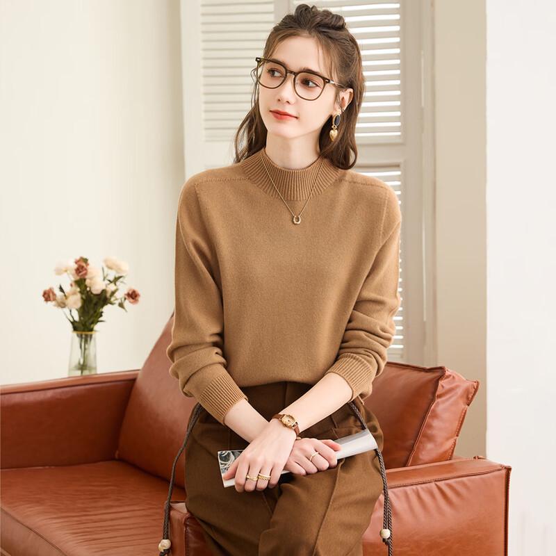 TUHUANG Women's Seamless Pure Wool Mock Neck Sweater