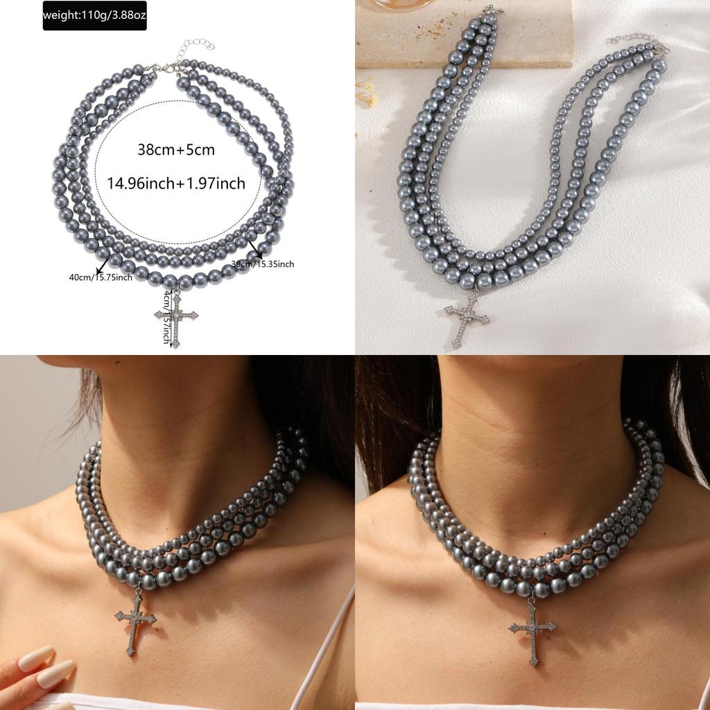 Cross Pendant Beaded Necklace With Geometric Style Handmade Chain For Men And Women
