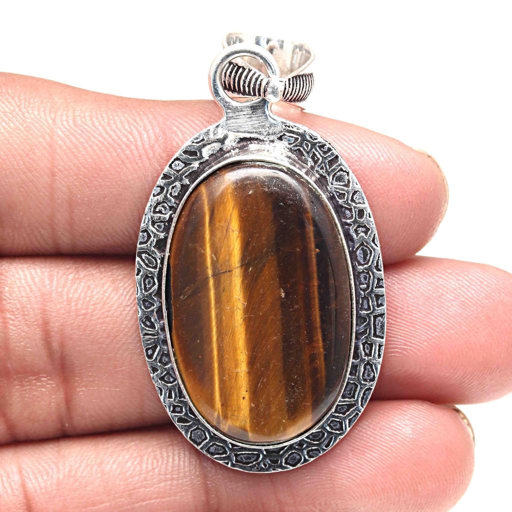 Pendant Tiger's Eye Gemstone Valentine'Day Gift Silver Jewelry 2.5"