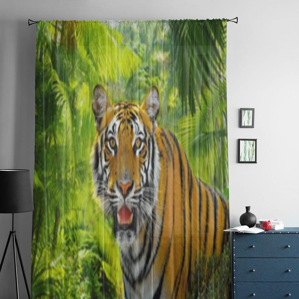Tiger In A Rainforest Sheer Window Curtains For Living Room Bedroom Modern Voile Tulle Curtains Fabric Drapes For Kitchen