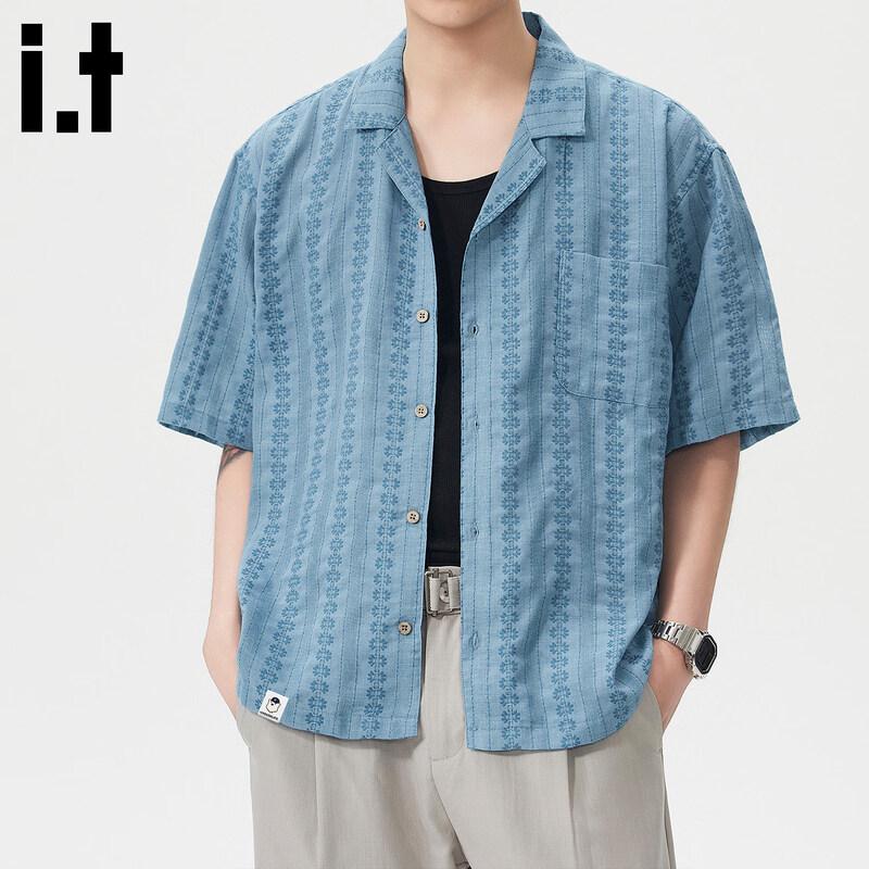 

:CHOCOOLATEit Men s American Retro Jacquard Cuban Collar Short Sleeve Shirt XL