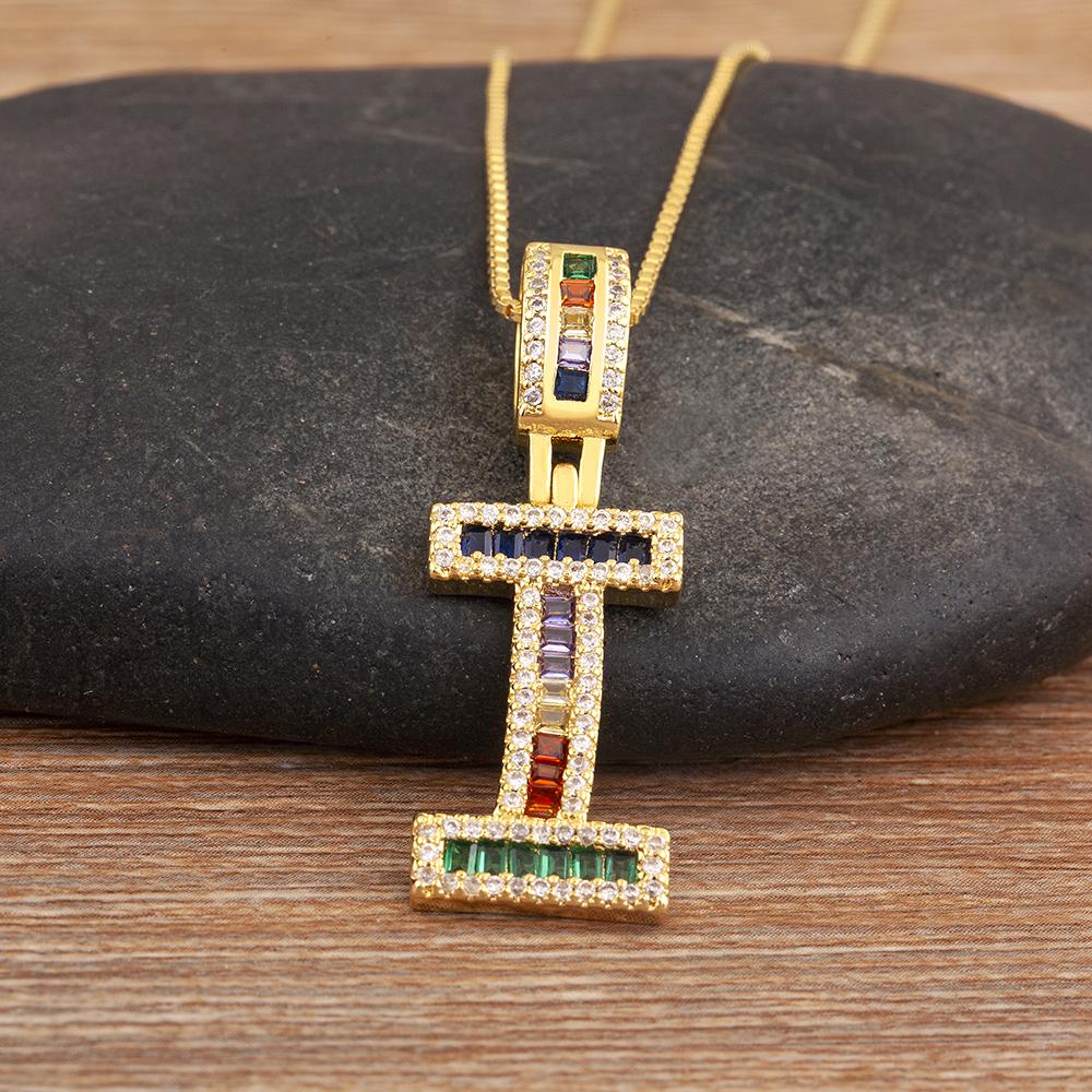 Nidin Simple Fashion 26 A-Z Letters Alphabet Rainbow Cubic Zirconia Pendant Necklace For Women Men Hip-Hop Style Copper Jewelry