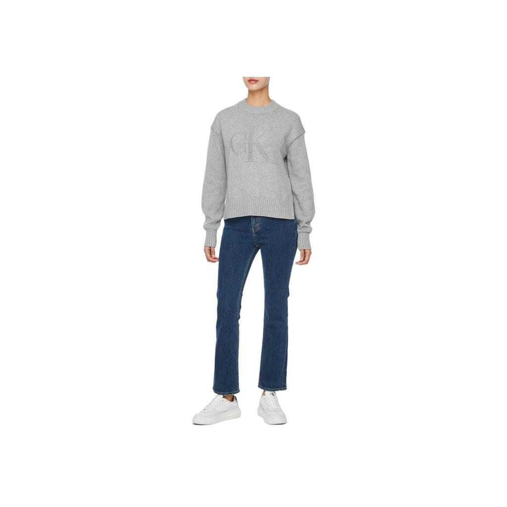 Calvin Klein Jeans Solid Letter Embroidered Loose Fit Crew Neck Sweater Women sweater Gray J224224-P41