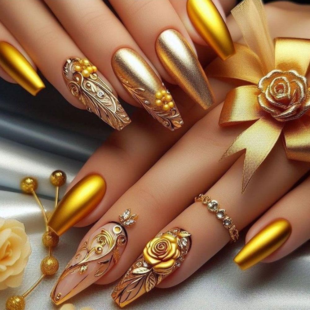 Luxury Gold Embossed Rose Nail Art Stickers - Medium Ballet-Length Press-On False Nails