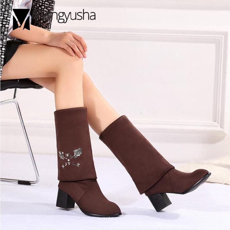 Mode 34-43 Skor två sätt uppvikta sida stövlar lårhöga ridstövlar kvinnor vinter plysch över knä långa motorcykelkängor