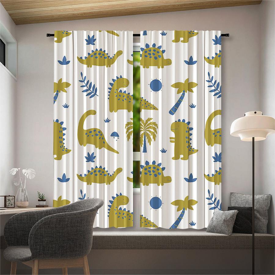 2Pcs- Dinosaur And Coconut Tree Printed Curtains, Pole Bag Curtains, Christmas Decorations, Home Decorations, Room Decorations