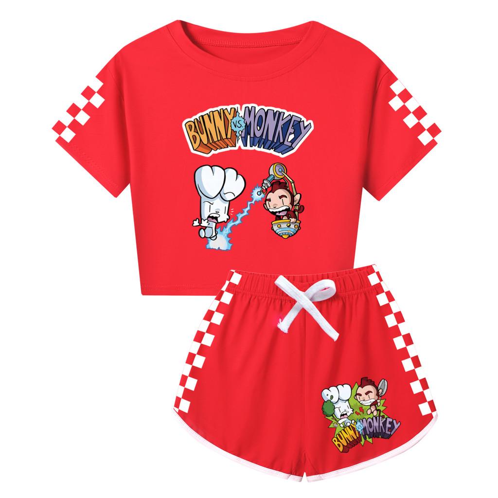 4187 Children Girls Bunny Monkey Print Short Sleeves T-Shirt Shorts Pants Tracksuit Clothes Set
