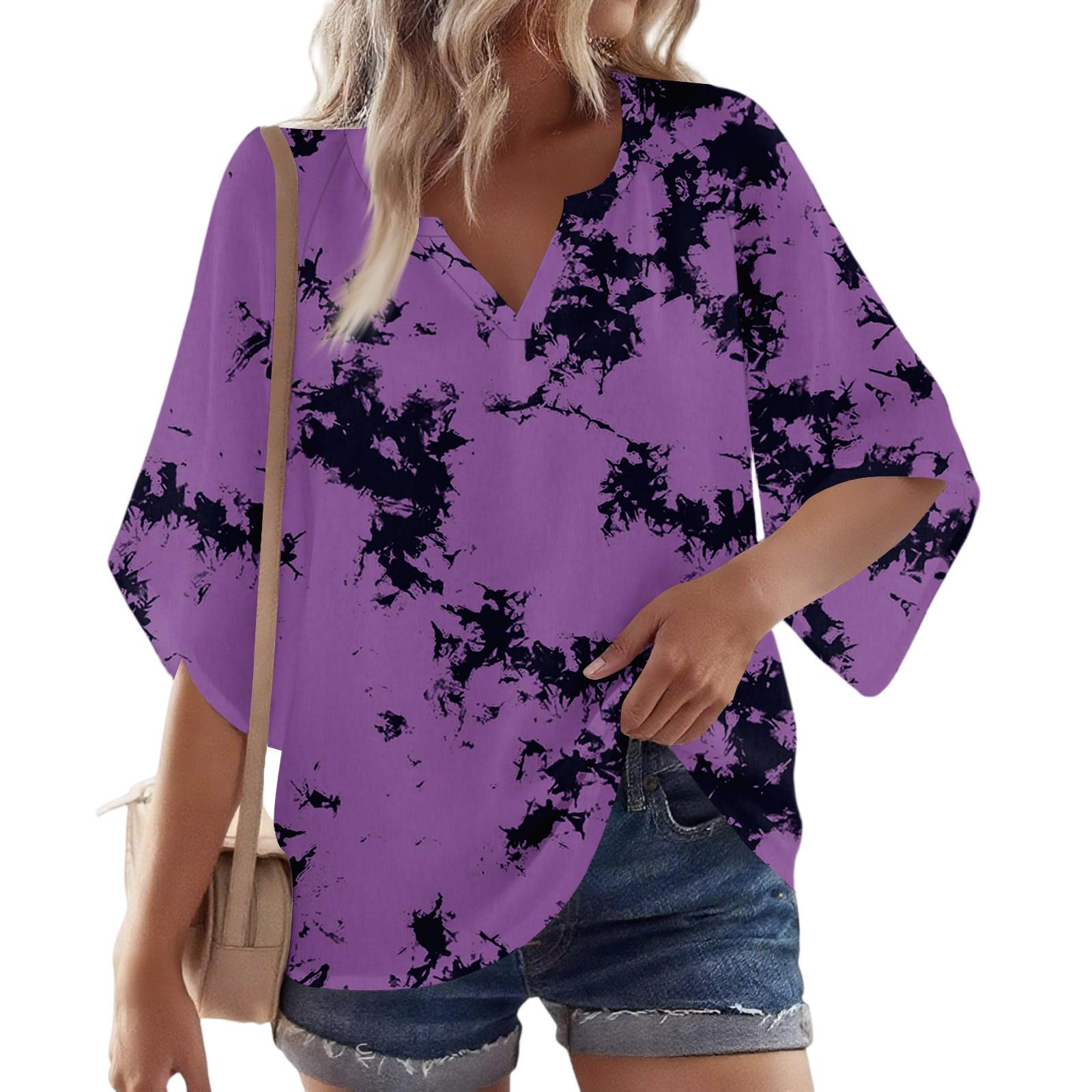 

Women s 3/4 Sleeve V Floral Shirt Casual Loose Tunic Top XXL фіолетовий