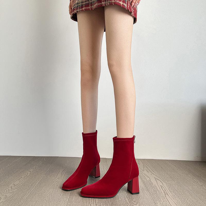 High heels wedding shoes women's 2025 new autumn and winter Xiuhe shoes wedding shoes Chinese red short boots retro thick heel bride shoes