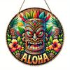 1pc 2d Flat Hawaiian Tiki Mask Bar Sign - 20cm Round Wood Art Decoration for Home, Garage, Cafe, Restaurant, Bar, BBQ, Beach, Resort Decoration